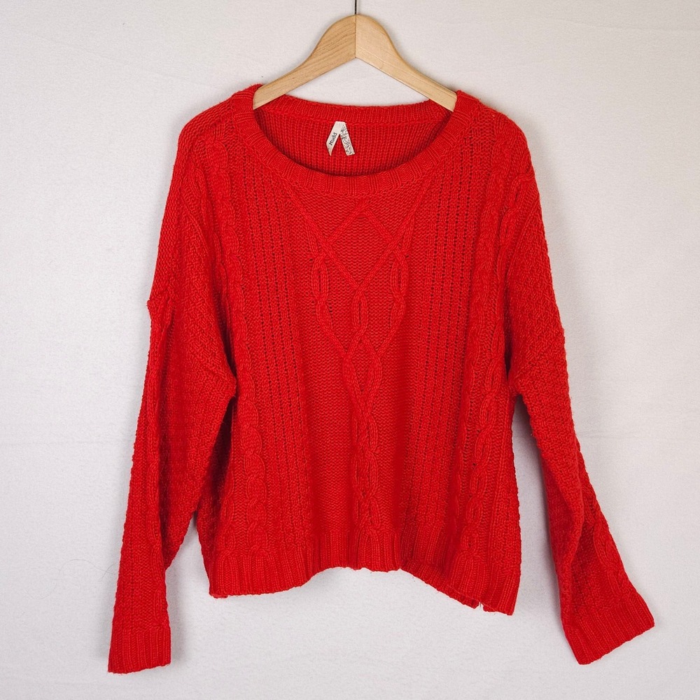 Mudd‎ Red Chunky Cable Knit Sweater Women's Size XL Crewneck Boxy Pullover